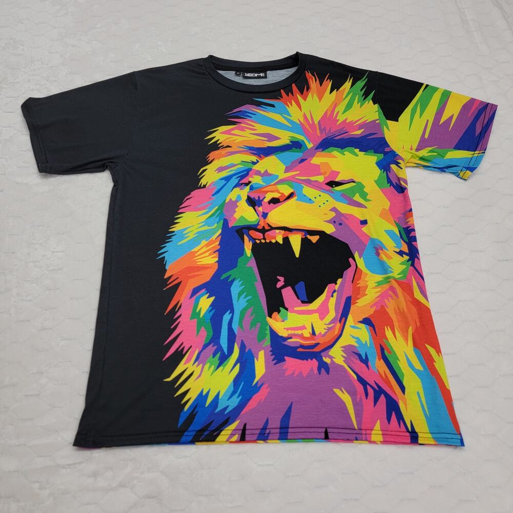 iEDM Roaring Lion Graphic Tee Mens Large Neon Multi-Color Psychedelic Pop Art